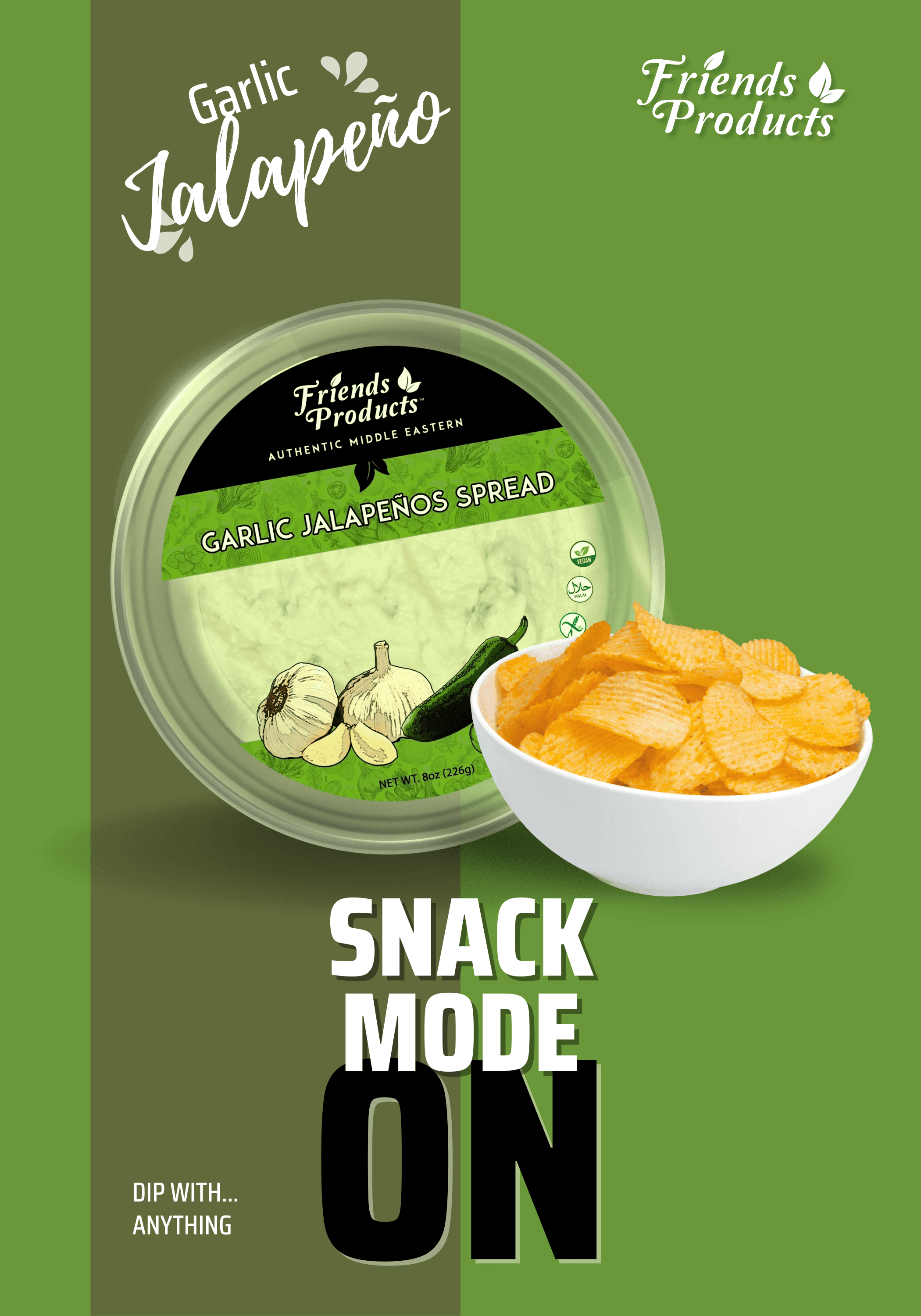Friends Products vegan garlic spread promo poster — Snack Mode On.